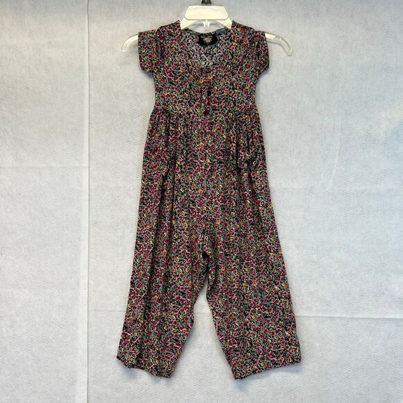 FIRST IN LINE Jumpsuit Girls Size 5 Multicolor Floral Short Sleeve Wide Leg Pkts - Picture 1 of 13
